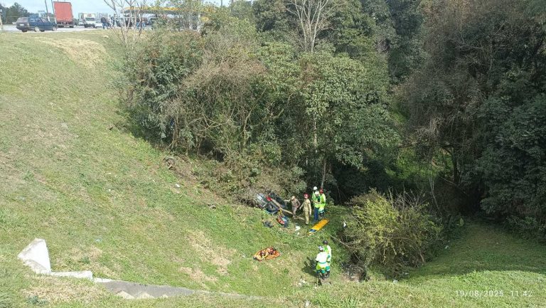 Carro caiu em declive após colisão com caminhão na BR-116. Foto: Divulgação/PRF